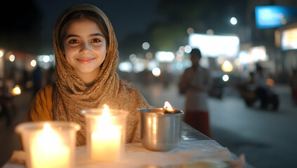 Girl smiles warmly beside lit candles at night market, blurred city background.  Ideal for themes of hope, faith, or cultural celebrations