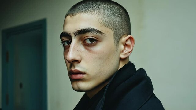 Portrait of a young man with a buzz cut in a dimly lit room, showcasing a serious expression and unique features