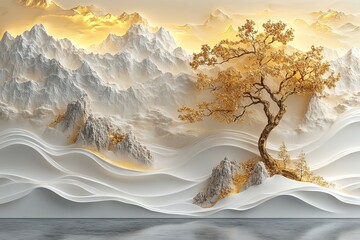 3D mural wallpaper shows white, gold waves, gold tree. Design embossed creating relief effect. Abstract art decorates wall background. Modern design for home . 32k Resolution 