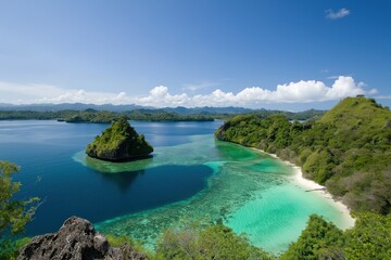 Obraz premium A beautiful blue ocean with a small island in the middle. The island is surrounded by a lush green forest