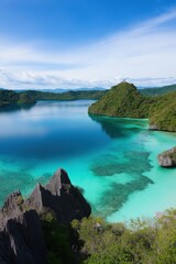 A beautiful blue lake with mountains in the background. The water is calm and clear. The sky is blue and there are no clouds