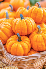 Autumn harvest Mini pumpkins in a basket, ready for fall decor