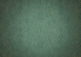 Hand-drawn abstract ornament. Dark green on light cold green background, with vignette of darker background color and splatters of golden glitter. Paper texture. A4. (pattern: p13-2b)