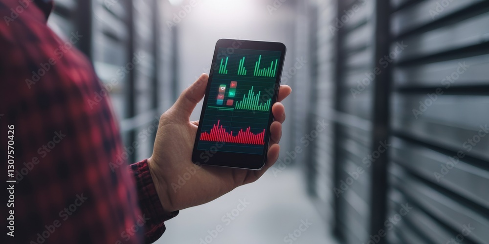 Poster info business startup social media concept. person holding a smartphone displaying data charts in a 