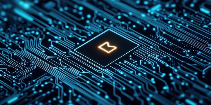 Info business startup social media concept. Close-up of a circuit board with glowing elements in blue tones.