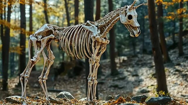 Unicorn skeleton in autumn forest; fantasy scene; artistic prop; potential for educational resources