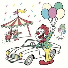 Naklejka premium Fun cartoon comic circus clown driving a classic bumper car, perfect for party designs, clipart, and comic-style artwork.
