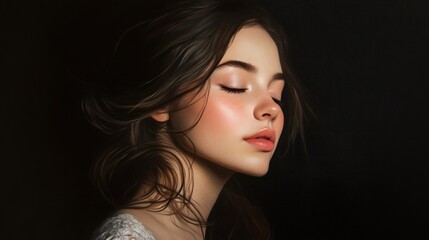 Fototapeta premium Elegant woman portrait, studio shot, dark background, serene expression