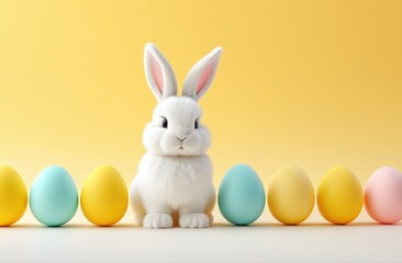 Fototapeta premium A white rabbit stands in front of a row of colorful eggs. The scene is bright and cheerful, with the rabbit and eggs creating a sense of playfulness and innocence