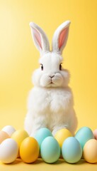 Obraz premium A white rabbit stands in front of a row of colorful eggs. The scene is bright and cheerful, with the rabbit and eggs creating a sense of playfulness and innocence