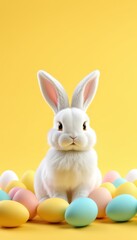 Obraz premium A white rabbit stands in front of a row of colorful eggs. The scene is bright and cheerful, with the rabbit and eggs creating a sense of playfulness and innocence