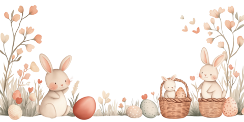 Cute Bunnies And Colorful Tulips In Flower Pots: A Delightful Easter Banner With Space For Text