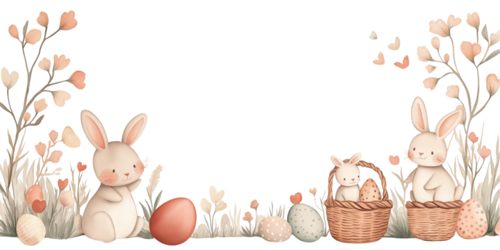 Cute Bunnies And Colorful Tulips In Flower Pots: A Delightful Easter Banner With Space For Text