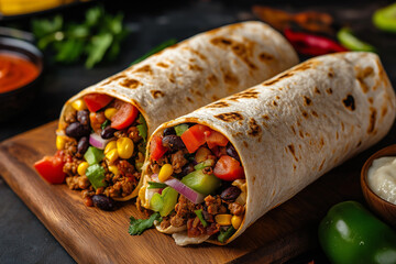 National Burrito Day Feast: Hearty Burrito Wrap with Spicy Beef, Black Beans, Corn, Tomatoes, Onions, Avocado, Lime Wedges, and Salsa on a Rustic Board, Garnished with Cilantro, Ready to Savor!