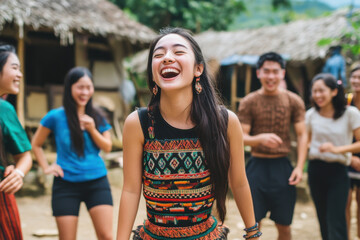 A group of friends enjoying a traditional dance lesson in a cultural village