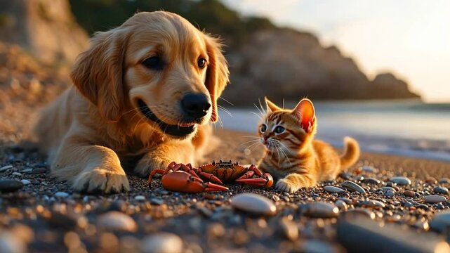 Golden Retriever and Kitten Playing with Crab on Beach at Sunset. Possible use Stock photo for pet lovers, beach vacations