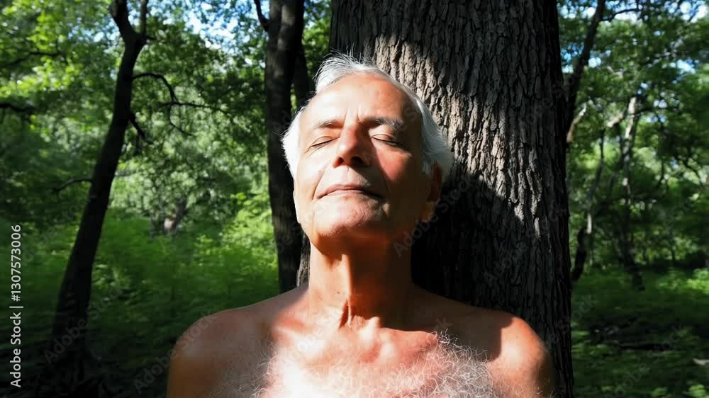 Poster shirtless senior male resting against tree trunk, basking in dappled sunlight, experiencing deep tra