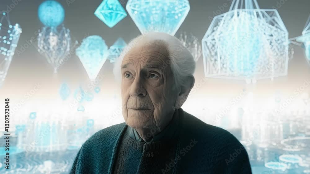 Aufkleber elderly scientist analyzing complex virtual environment, navigating holographic digital landscape wi