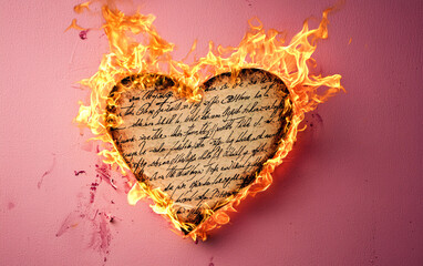 Paper heart with text is engulfed in flames. Fire surrounds the heart shape on a plain backdrop. Symbolic image of a burning message or intense emotion.