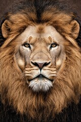 Fototapeta premium A majestic lion with a thick mane gazes intently, showcasing its powerful features and regal presence against a dark background.