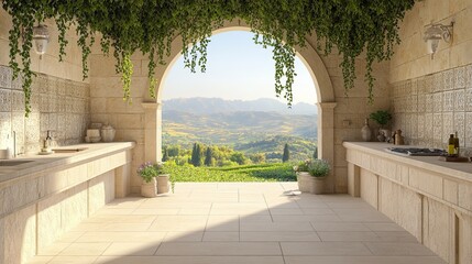 Fototapeta premium A classic stone-crafted outdoor kitchen with antique tile backsplashes