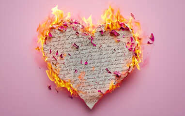 Paper heart with text is engulfed in flames. Fire surrounds the heart shape on a plain backdrop. Symbolic image of a burning message or intense emotion.