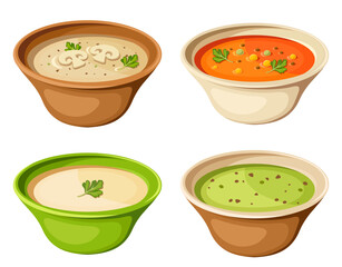 Set of bowls of soups isolated on a white background. Vector illustrations