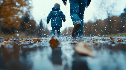 Autumnal Puddle Play Child and adult run through rain-soaked leaves, ideal for family blog or website