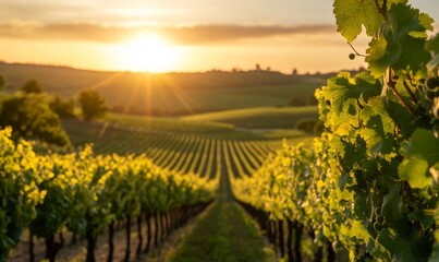 Naklejka premium Sunrise over vineyard rows