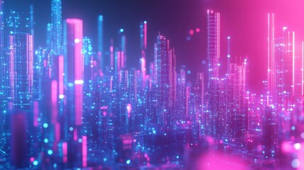 Fototapeta premium Futuristic neon cityscape with digital glow and skyscrapers - cyberpunk design for modern technology themes. Big data and machine learning