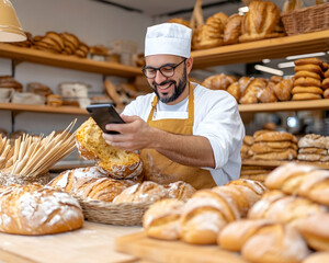 Baker photographs artisan bread, showcasing bakery's product online, in a warm setting