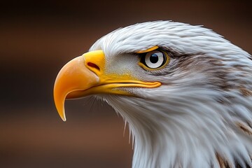 Fototapeta premium A dramatic side profile of a bald eagleâ€™s face, highlighting its sharp beak and intense eyes