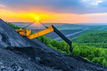 Fototapeta premium A dramatic sunset over an old coal mine, symbolizing the decline of fossil fuel industries