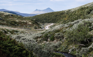 A car driving a winding road surrounded by the rugged terrain of Rondane National Park. Bare mountain peaks rise against a vast, serene landscape under a cloudy sky