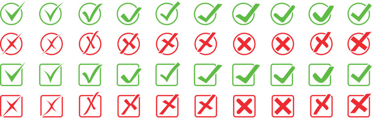 Check mark icon button set. Check box icon with right and wrong buttons and yes or no checkmark icons in green tick box and red cross. Isolated checkmark symbol, right and wrong sign concept.