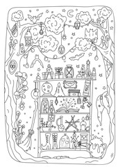 Obraz premium Magic-Themed Stress Relief Coloring Page Featuring A Witch's Corner In The Night Forest