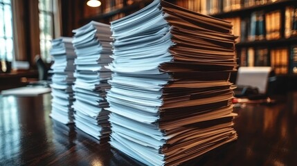 Towering stacks of documents on wooden desk in a classic office setting