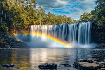 Fototapeta premium Majestic waterfall creates vibrant rainbow in serene natural landscape