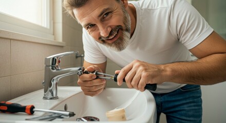 Man Fixing Faucet, Bathroom, Home Repair
