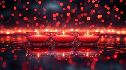 Three illuminated candles creating a warm and romantic atmosphere scene