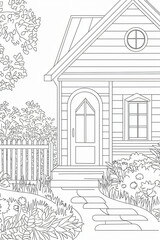 Blank coloring page of charming cottagecore landscape featuring detailed interior and exterior architectural elements