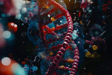 National DNA Day: Vibrant Red and Blue DNA Strand with Glowing Particles, Surrounded by Colorful Molecules, Celebrating Genetic Discovery and Science on April 25 in a Dynamic Display