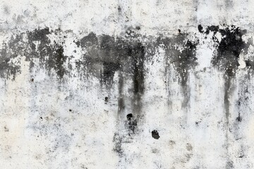 Seamless textured wall with a distressed appearance, featuring black and gray leaking wet stains and patches on a white background, creating an abstract and weathered look.