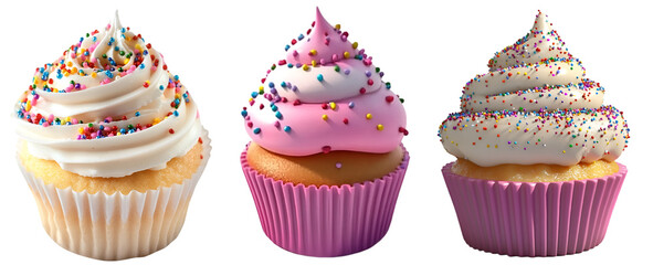 Colorful cupcake with swirl frosting and rainbow sprinkles isolated on white background