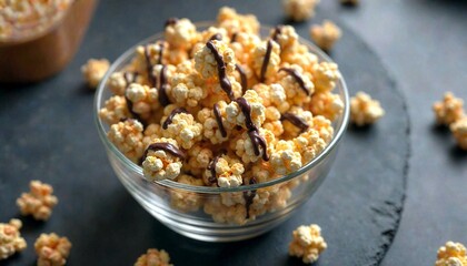 Obraz premium Popcorn Topped with Chocolate Drizzle on Dark Background