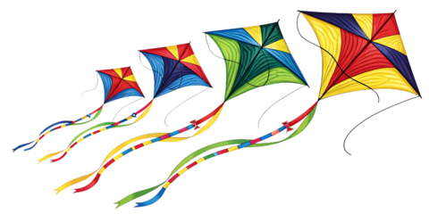 A set with beautiful brightly colored kites on a transparent background. Entertainment and party concept of National Kite Flying Day