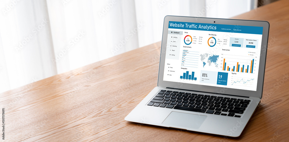 Poster computer software for website traffic analytics data on computer screen. concept of seo search engin