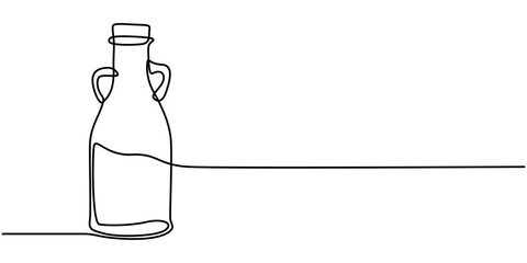 Continuous one line drawing of olives with leaves and Virgin olive oil in the glass bottle line art drawing vector illustration, Olive oil in continuous line art drawing style. Glass bottle jug oil. 