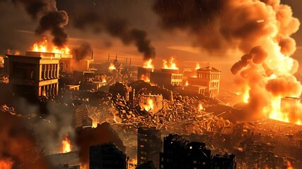 Ancient metropolis consumed by flames in a night of destruction 4K