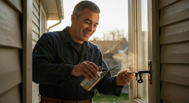 Man lubricating door lock, backyard - Powered by Adobe